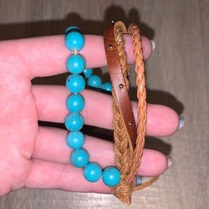 Blue beaded brown faux leather bracelet